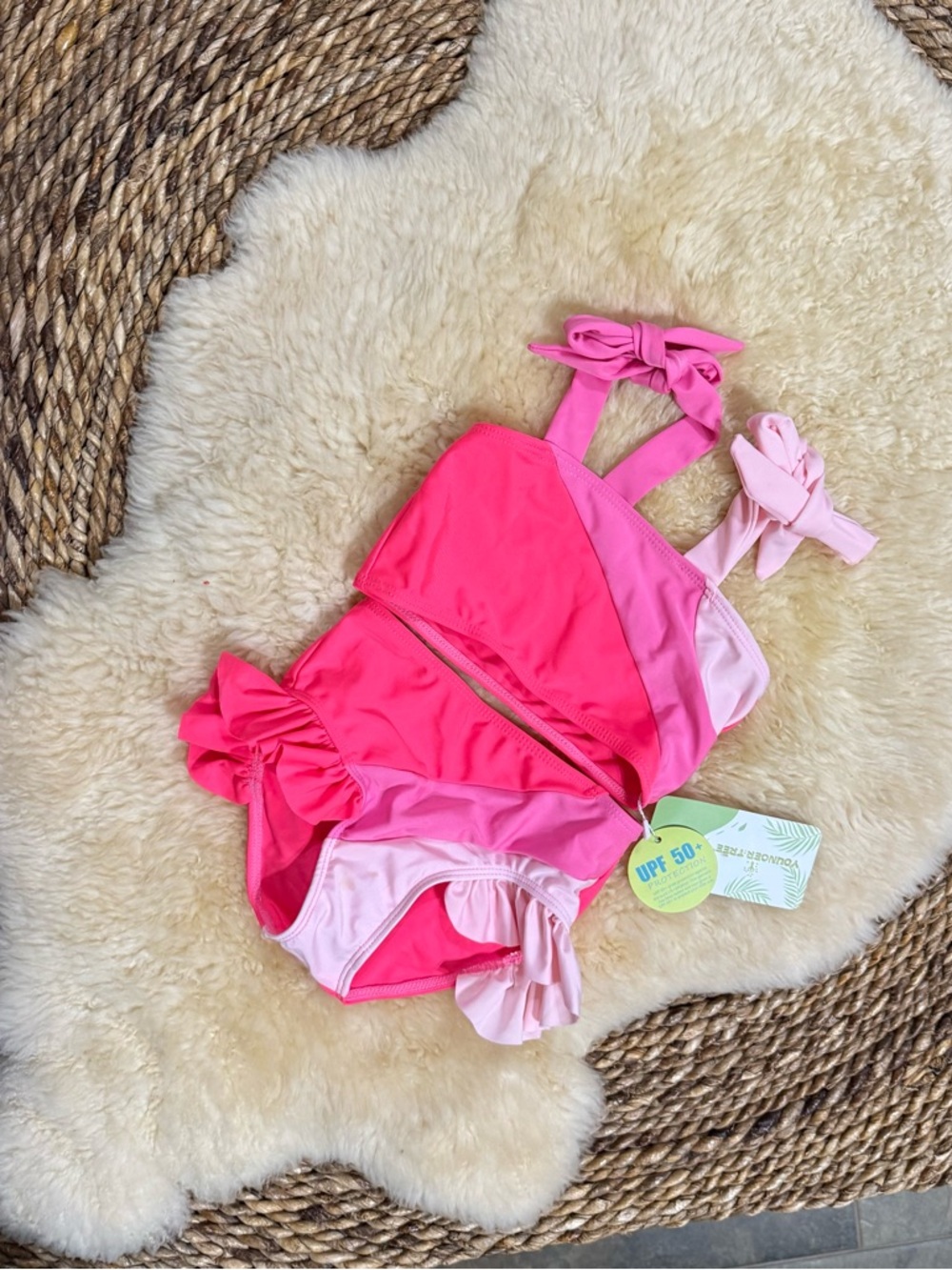 Girls Two-Tone Pink Ruffle One-Piece Swimsuit with Tie Straps